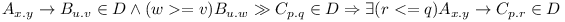 A_{x.y} \rightarrow B_{u.v} \in D \wedge \exist (w >= v)  B_{u.w} \gg C_{p.q} \in D \Rightarrow \exists (r <= q) A_{x.y} \rightarrow C_{p.r} \in D